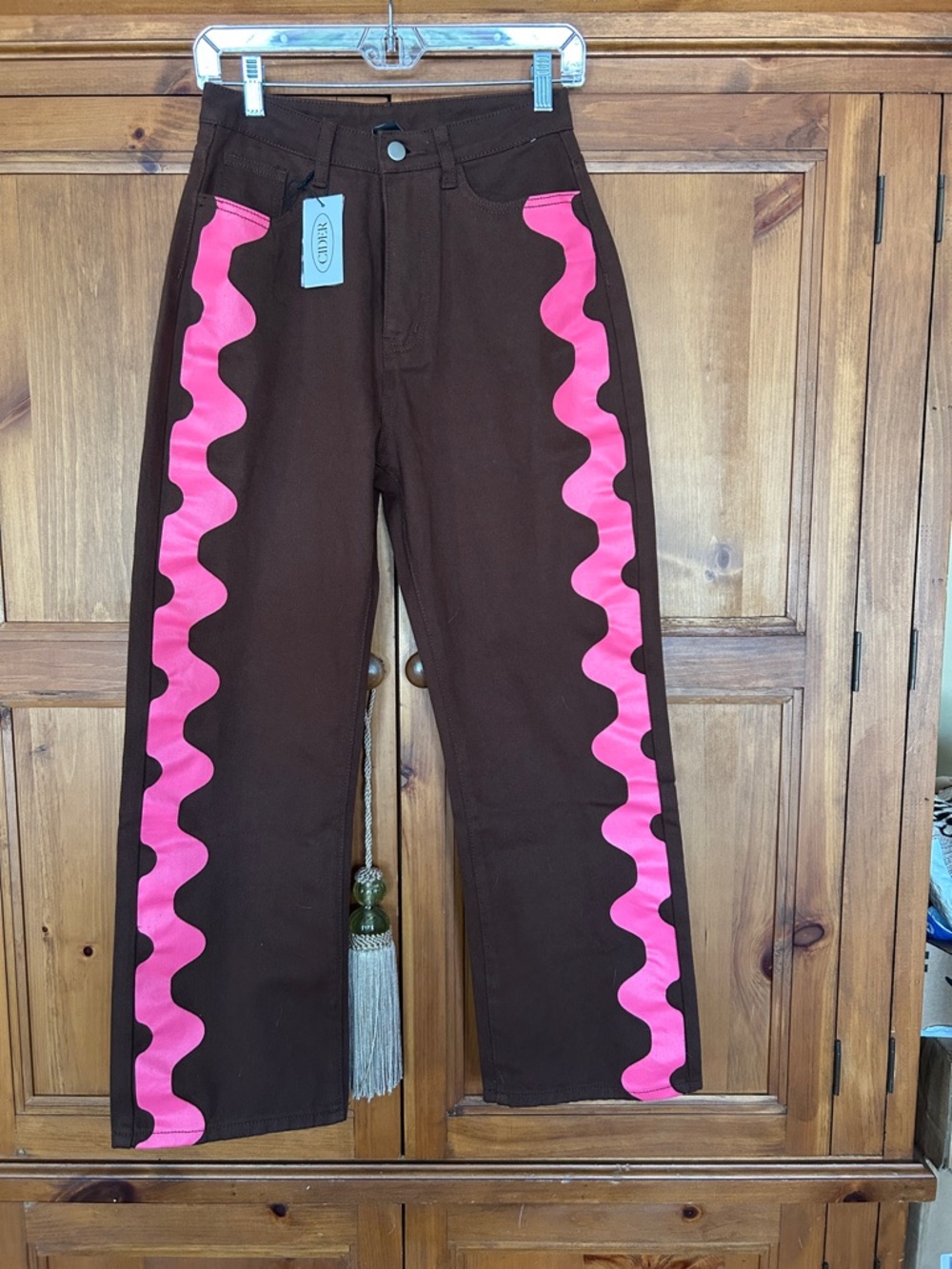 Cider Brown Chinos with Pink Wave Side Stripe. Some stretch . Fun retro style